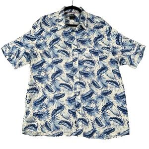 Benson Linen Blue Palm Leaf Print Button Up Casual Vacation Preppy Shirt - Sz XL